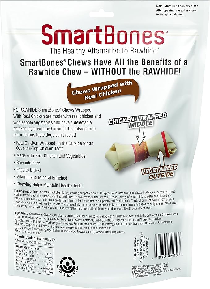 SmartBones Chicken-Wrapped Sticks, Treat Your Dog to a Rawhide-Free Chew Made With Real Chicken and Vegetables 20 Count (Pack of 1)