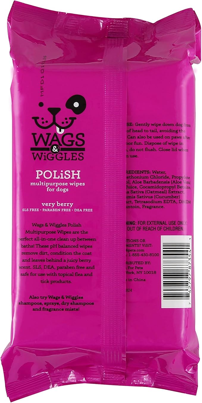 Wags & Wiggles Polish Multipurpose Wipes for Dogs Clean & Condition Your Dog's Coat Without A Bath Fresh Very Berry Scent Your Dog Will Love, FF12824PCS12 (Pack of 12, 1200 Count Total)