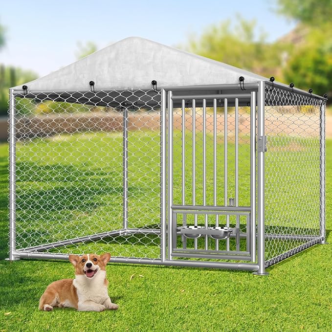 Rovibek Outdoor Dog Kennel with Roof, 6.7 X 6.7 Outside Kennel Heavy Duty Dog Run Fence with Waterproof Sun-Proof Cover, Outside Dog Playpen with 2 Stainless Steel Bowls