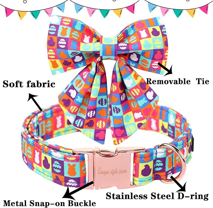 Unique Style Paws Easter Day Dog Collar with Bow Colorful Egg Rabbit Dog Collar Bowtie Bowtie Collar for Large Medium Small Dogs