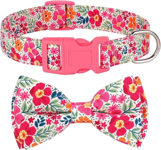 Didog Floral Dog Collar with Bow, Cute Girl Dog Collars with Detachable Bowtie, Soft & Comfy Spring Summer Dog Collar for Small Medium Large Dogs Gift Holiday, Pink, S