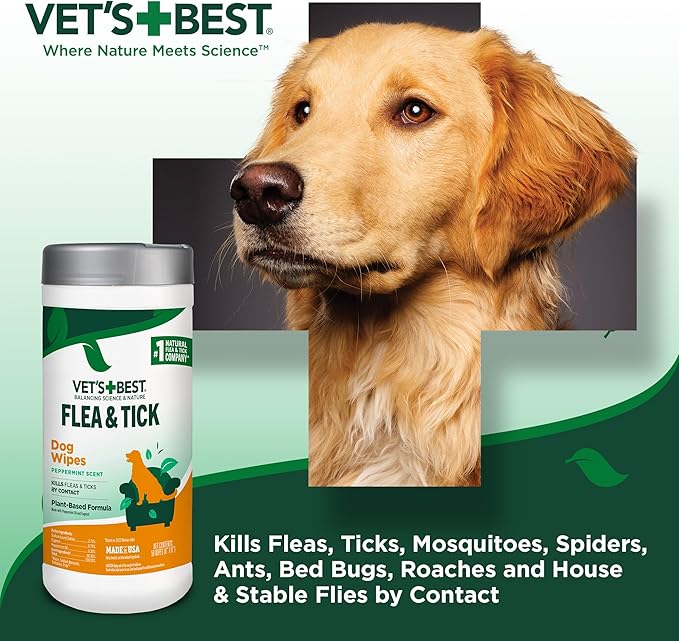 Vet's Best Flea and Tick Wipes for Dogs, Dog Wipes for Kennel, Flea and Tick Prevention, Plant-Based Formula, Pet Essentials, Made in USA, Certified Natural Oils, 50 ct