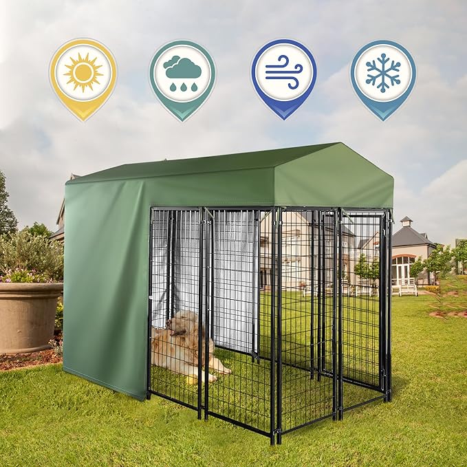 Outdoor Dog Kennel Cover Half Coverage for 8'Dx4'Wx6'H 600D Heavy Duty Waterproof Kennel Covers for Dog Cages(Cover Only) Greenish Color