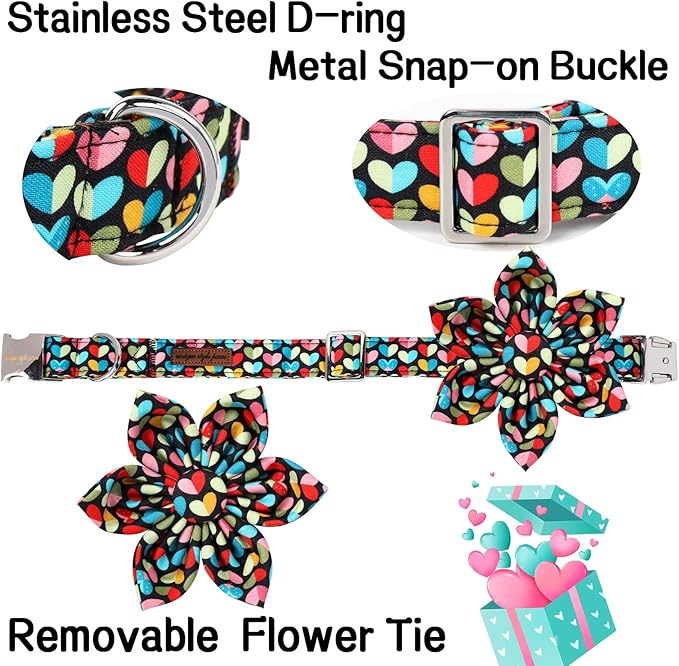 Unique Style Paws Valentine's Day Dog Collar with Bow Colorful Heart Love Dog Collars for Small Medium Large Dog New (M, Heart Flower)