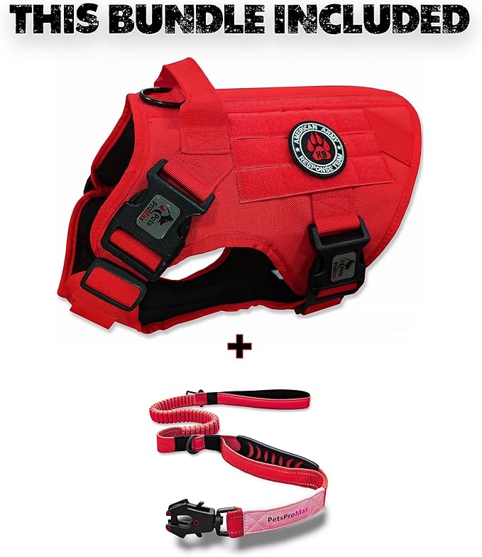 RED Tactical Dog Harness with Tactical Dog Leash as 1 Set for Medium Dogs; Military Style Tactical Dog Vest and Bungee Dog Leash with Car Seat Buckle | No-Pull Dog Vest and Leash Red M