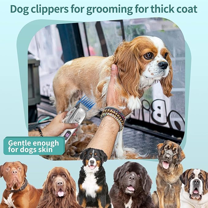 Dog Clippers for Grooming for Heavy Thick Hair&Coats, Dog Hair Trimmer,Low Noise Rechargeable Cordless Dog Grooming Kit Pet Shaver for Small Large Dogs Pets (Sliver)