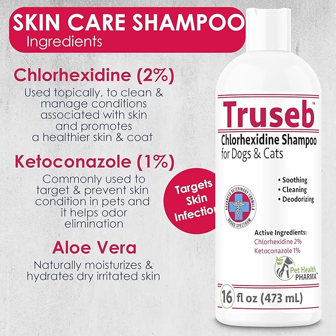 Truseb Topical Ketoconazole and Chlorhexidine Shampoo for Dogs, Cats & Horses with Aloe Vera and Conditioner(USA) (Ketoconazole & Chlorhexidine Shampoo, 16 oz)