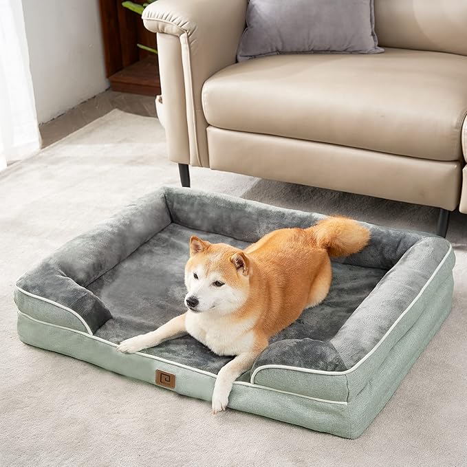 EHEYCIGA Orthopedic Dog Beds for Extra Large Dogs, Waterproof Memory Foam XL Dog Bed with Sides, Non-Slip Bottom and Egg-Crate Foam Big Dog Couch Bed with Washable Removable Cover, Greyish Green