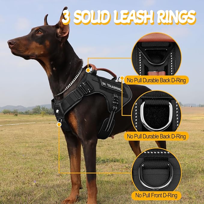 Service Dog Vest - HEYCAHVA Tactical Dog Harness Full Metal Buckles Dog Vest for Large Medium Dog Reflective No Pull Dog Harnesses Vest with Leather Handle, Hook & Loop for Hiking Training (Black, L)