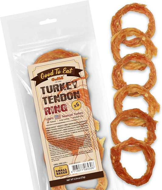 Gootoe Turkey Tendon Dog Treats, Ring (S) 6 Pieces per Pack, 100% USA Sourced Turkey, Natural Snack, Premium Puppy Chews, Hypoallergenic, Reseal Value Bags, Size for Small Dogs