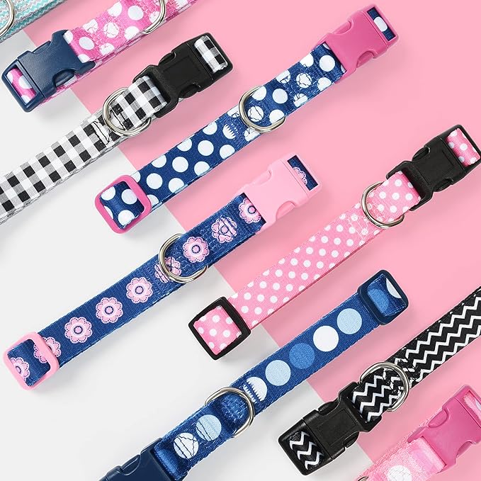 Mile High Life Dog Collar | Cute Puppy Collars | Lightweight Girl Dog Collar | Soft Boy Dog Collars | w Geometric Plaid Wave Line Pattern (Pink Dots, Large)