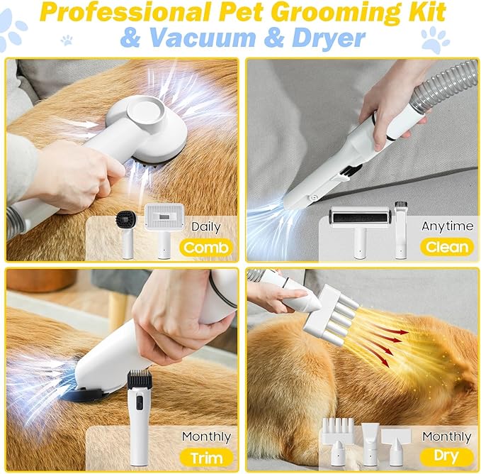 Dog Grooming Kit & Pet Hair Dryer & Dog Electric Clippers, 3L Large Capacity with 8 Grooming Tools, Low Noise for Long Hair Dogs and Cats, Adjustable Airflow and Temperature, UL, Touchscreen