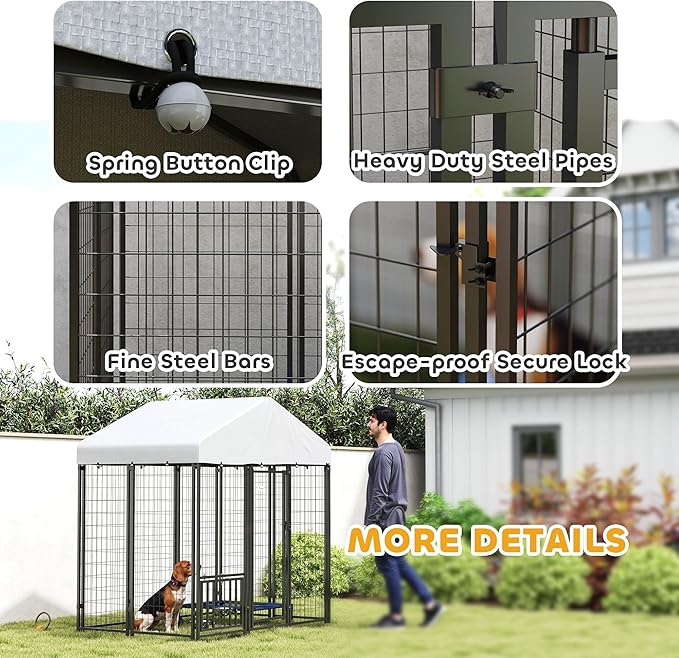 PawHut 5.9' x 4' x 6' Outdoor Dog Kennel, Welded Wire Heavy Duty Dog Run with 360° Rotating & 4 Level Adjustable Bowls, Dog Kennel Outside with Waterproof & UV Resistant Cover, for S&M Dogs