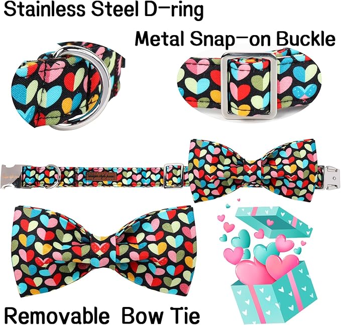 Unique Style Paws Valentine's Day Dog Collar with Bow Colorful Heart Love Dog Collars for Small Medium Large Dog New (L, Heart Bow)