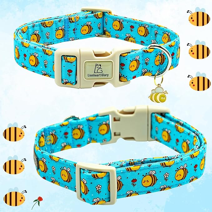 Lionheart glory Dog Collar, Bees Blue Dogs Collar Adjustable Soft Comfortable Collars for Medium Dogs Girl or Boy Pet Gift Cute Spring Summer Collar