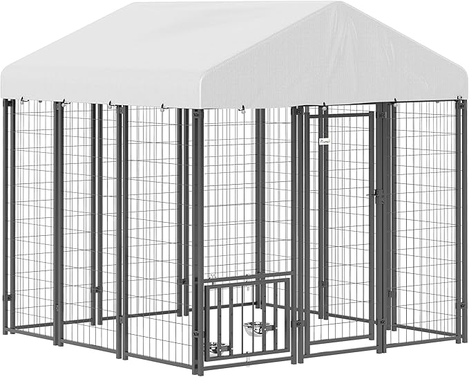 PawHut 5.9' x 5.9' x 6' Outdoor Dog Kennel, Welded Wire Heavy Duty Dog Run with 360° Rotating & 4 Level Adjustable Bowls, Dog Kennel Outside with Waterproof & UV Resistant Cover, for Large Dogs