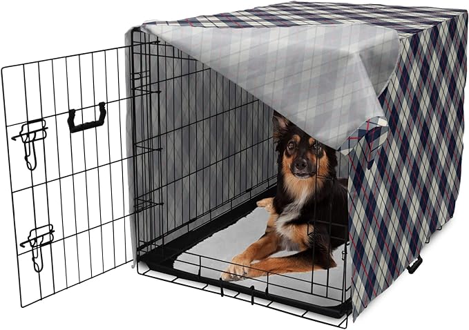 Lunarable Plaid Dog Crate Cover, Celtic Fashion Diagonal Retro Style Classical Irish Culture Inspiration, Easy to Use Pet Kennel Cover for Medium Large Dogs, 36 Inch, Night Blue Red Beige