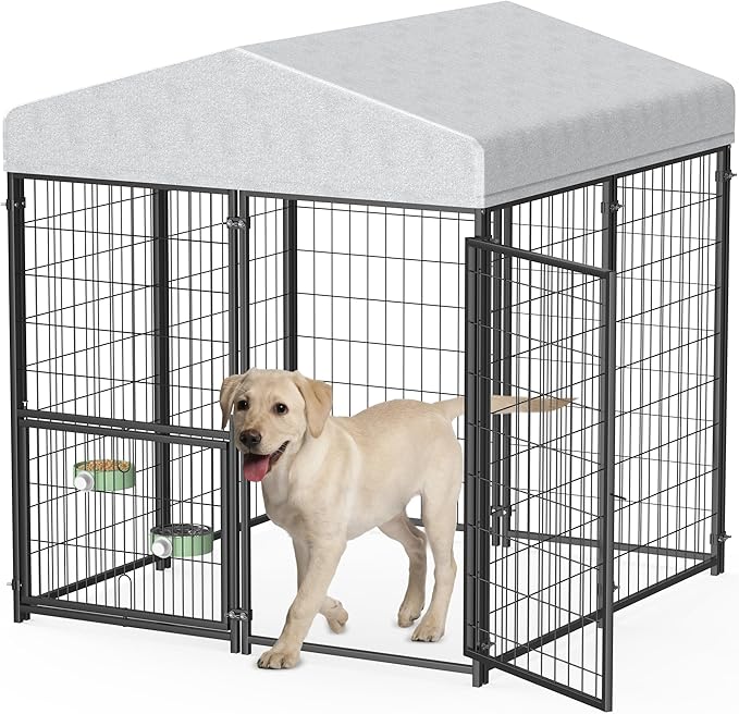 Mr IRONSTONE Large Dog Kennel Outdoor with Water-Resistant Roof Heavy Duty Outside Dog Kennel Pet Pens Dogs Run Enclosure with Rotating Feeder and Secure Lock (4'L x 4'W x 4.4'H)