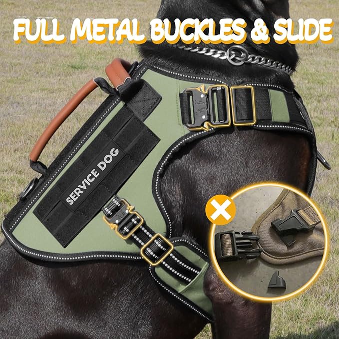 Tactical Dog Harness - HEYCAHVA Service Dog Vest Full Metal Buckles Dog Vest for Medium Large Dog Reflective No Pull Dog Harnesses Vest with Leather Handle, Hook & Loop for Hiking Training (Green, M)