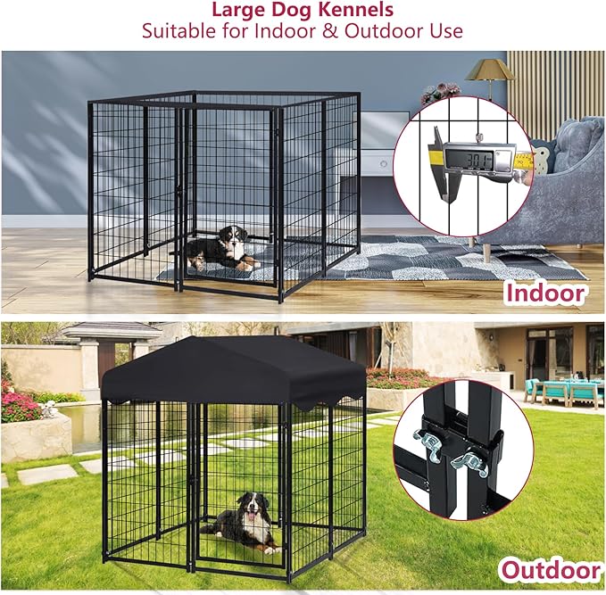 Heavy Duty Outdoor Dog House - Large Kennel with Roof, 4'L x 4'W x 4.5'H - Black Dog Crate with Cover, 2 Set