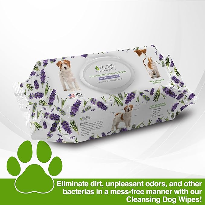 Pure and Natural Pet Grooming and Cleansing Dog Wipes (Lavender and Rosemary) 100 ct