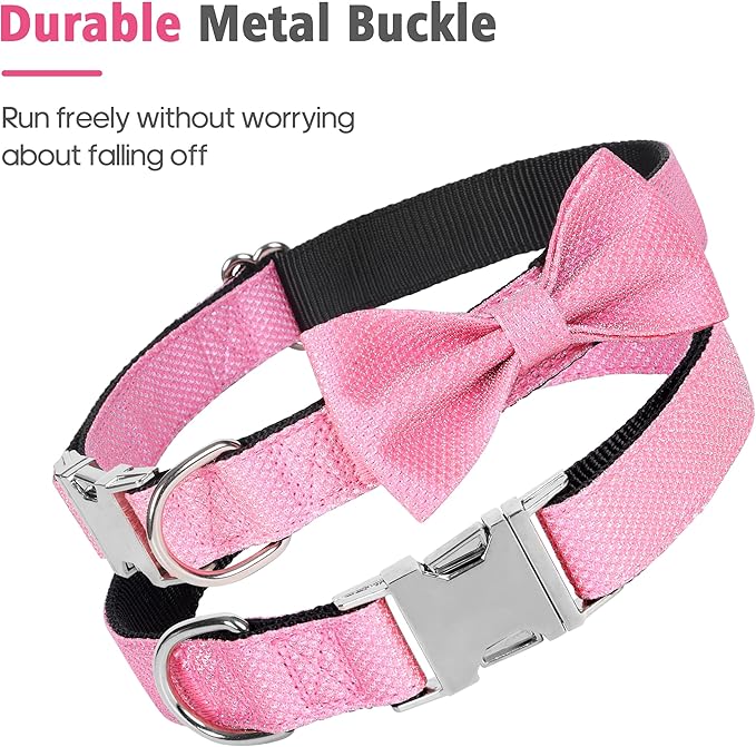 Dog Collar with Bow for Small Medium Large Dogs, Cute Bling Dog Bow Tie Collar with Metal Buckle, Soft & Durable for Puppy Dogs Walking (Light Pink, XS)