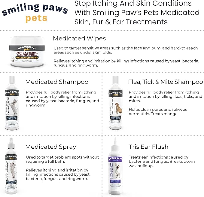 Smiling Paws Pets - Antibacterial & Antifungal Wipe for Dogs & Cats - Contains Ketoconazole & Chlorhexidine - Skin Treatment for Yeast Infection, Ringworm, Pyoderma, Bacteria & Fungus - 50ct (2 Pack)