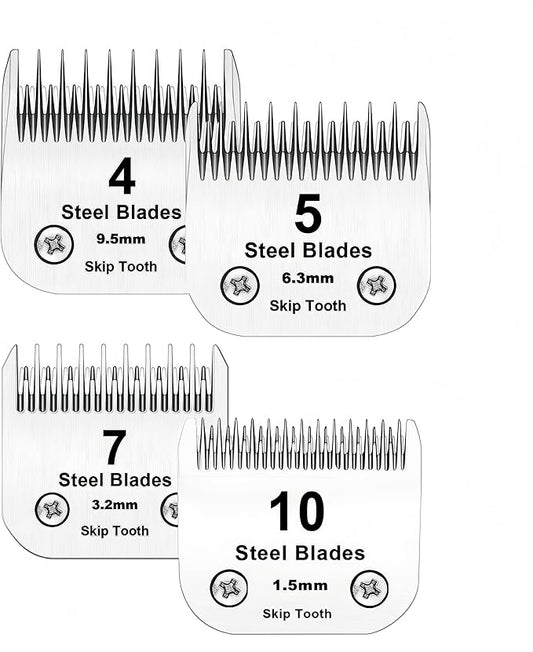 10+7+5+4 Skip Tooth Blades,Detachable Pet Dog Grooming Steel Blade Compatible with Oster A5,Wahl KM10 Series Clippers,Cut Length 1/8-Inch (3.2mm),4 Pack