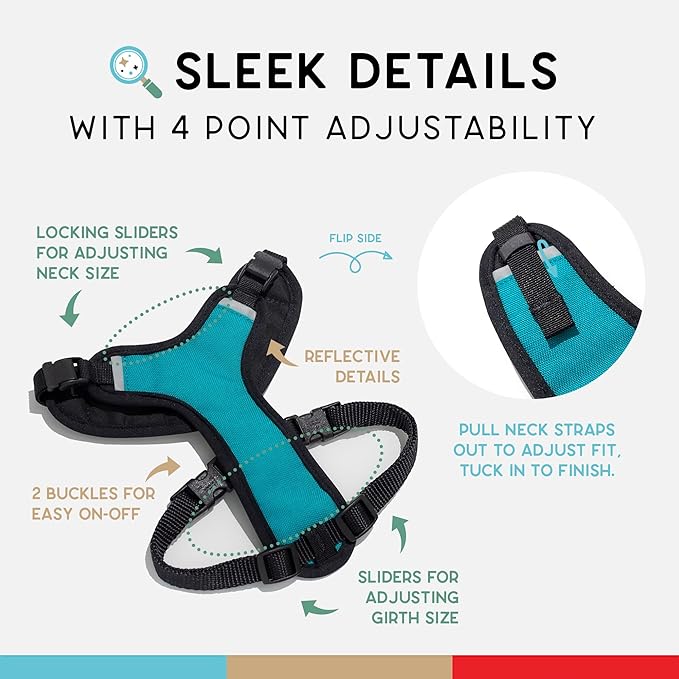 Dog Harness, Puppy Harness, Soft Harness for Dogs, Comfortable Dog Harness, Small Dog Harness, Dog Harness with Padding, 4 Point Adjustable - Wildebeest (M - 22~28 inch Girth, Turquoise)