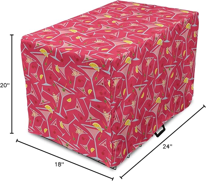Lunarable Drinks Dog Crate Cover, Exotic Pattern of Tropical Cocktail Party Glasses with Lemons Slice, Easy to Use Pet Kennel Cover for Cats & Medium Dogs, 24 Inch, Dark Coral Multicolor