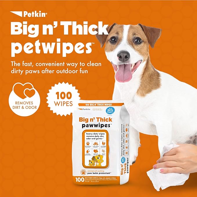 Petkin Big N' Thick Paw Wipes for Dogs, 100 Large Wipes - Clean Dirty Paws After Muddy Walks, with Paw Balm Protectant - Keep Floors and Furniture Clean - Ideal for Home or Travel - Orange Scent
