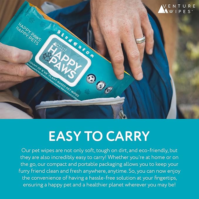 Venture Wipes Happy Paws - Natural Pet Wipes for Dogs and Cats - Biodegradable Grooming Wipes for Paws, Eyes, Ears, and More - Large Cleansing Cloths for Pet Care Essentials (Pull Pack - 40 Count)