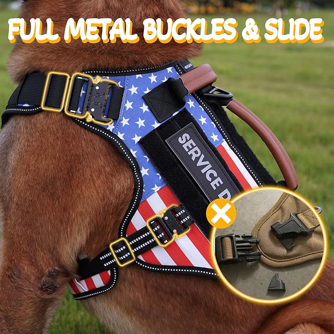 Service Dog Vest - HEYCAHVA Tactical Dog Harness Full Metal Buckles Dog Vest for Large Medium Dog Reflective No Pull Dog Harnesses with Leather Handle, Hook & Loop for Hiking Training (Flag, L)