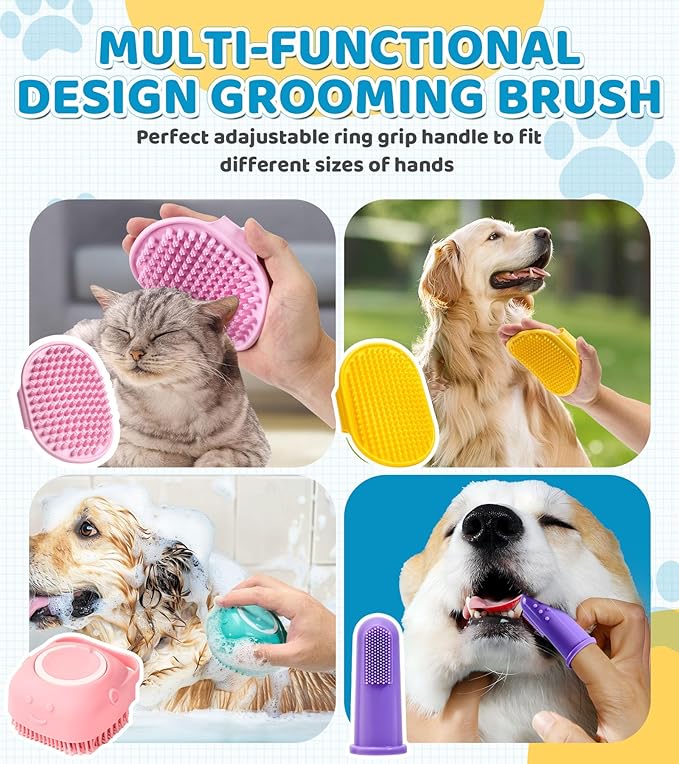 4PCS Dog Bath Brush Pet Shampoo Brush with Adjustable Ring Handle Soft Massage Dispenser Brush for Short Long Haired Dogs Cats Showering(Pink Pink Yellow)