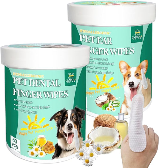 Pet Finger Wipes for Ear and Teeth - 120 Count Cleaner Finger Wipes For Dog and Cat, Dental Ear Care Wipes, Hypoallergenic Dog Wipes to Remove Plaque Tartar, Relieve Ear Itching and Inflammation
