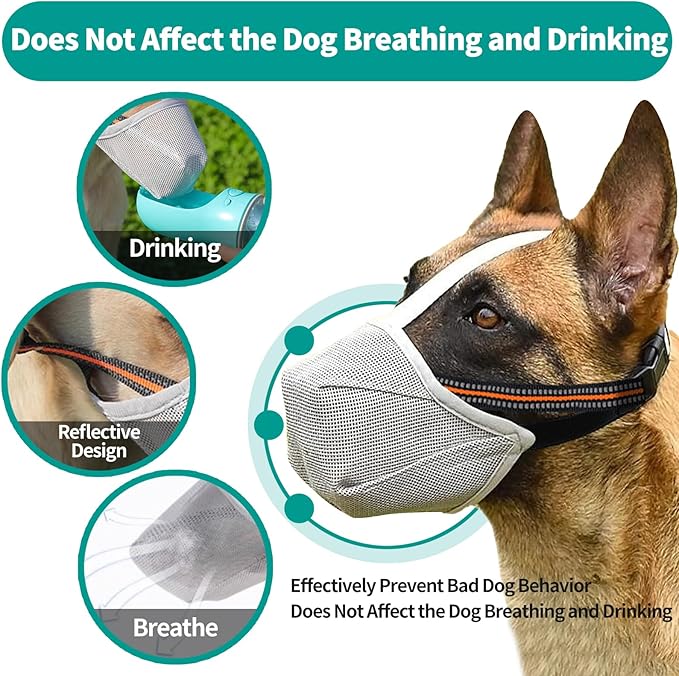 Dog Muzzle - Soft Mesh Muzzle for Small Medium Large Dogs Labrador German Shepherd - Adjustable Puppy Muzzles for Scavenging Biting Licking and Chewing - Allows Panting and Drinking (GreyM)
