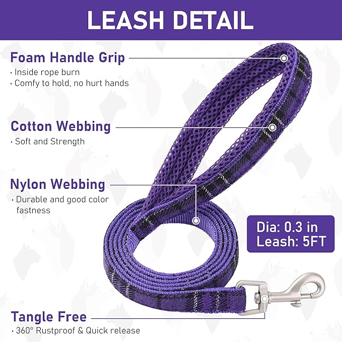 GAMUDA Small Dog Harness Collar and Leash Set, Step in No Chock No Pull Soft Mesh Adjustable Dog Vest Harnesses Plaid Reflective for Dogs Puppy Cats Kitten Rabbit (Purple, XS)