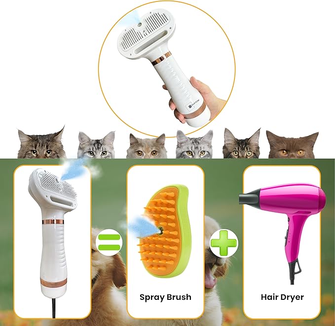 300W Quiet Pet Blow Dryer - Pet Hair Dryer for Small & Medium Dogs and Cats with Removal Comb & Silicone Bath Massage Brush for Home Grooming -Mist/Spray/Steam Brush for Cat & Dog