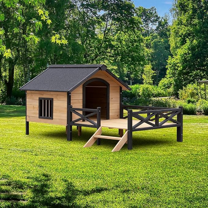 Outdoor Wooden Cabin House Style Wooden Dog Kennel with Porch Outdoor Dog House Weatherproof Dog Kennel for Medium/Small Dogs Brown