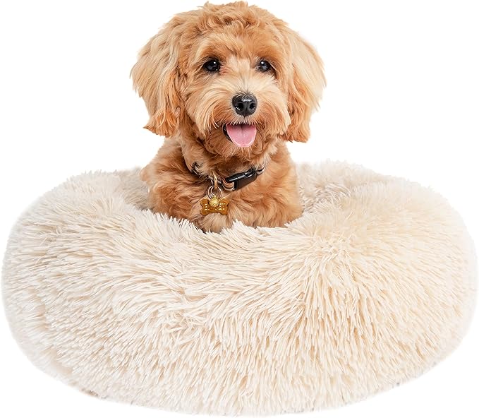 Small Dog Bed Calming Dogs Bed for Small Medium Large Dogs Anti-Anxiety Puppy Bed Machine Washable Warming Cozy Soft Pet Round Bed Fits up to 10-100 lbs (23”Small(Pack of 1), Beige)