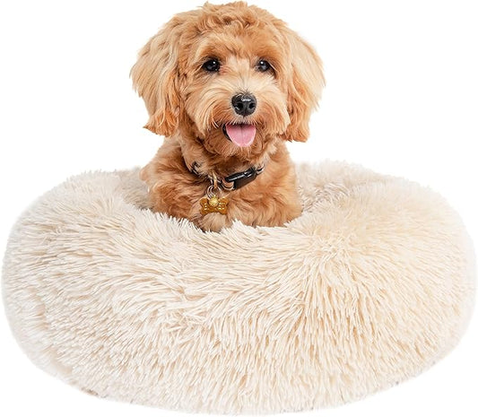 Small Dog Bed Calming Dogs Bed for Small Medium Large Dogs Anti-Anxiety Puppy Bed Machine Washable Warming Cozy Soft Pet Round Bed Fits up to 10-100 lbs (23”Small(Pack of 1), Beige)