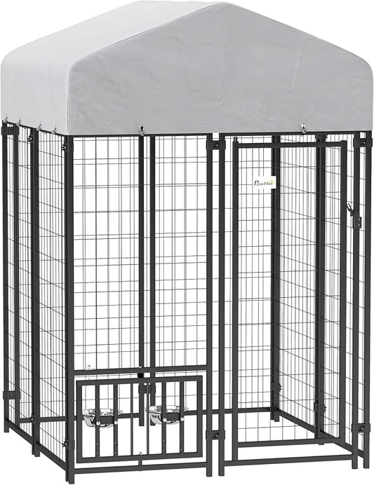 PawHut 3.9' x 3.9' x 6' Outdoor Dog Kennel, Welded Wire Heavy Duty Dog Run with 360° Rotating & 4 Level Adjustable Bowls, Dog Kennel Outside with Waterproof & UV Resistant Cover, for S&M Dogs