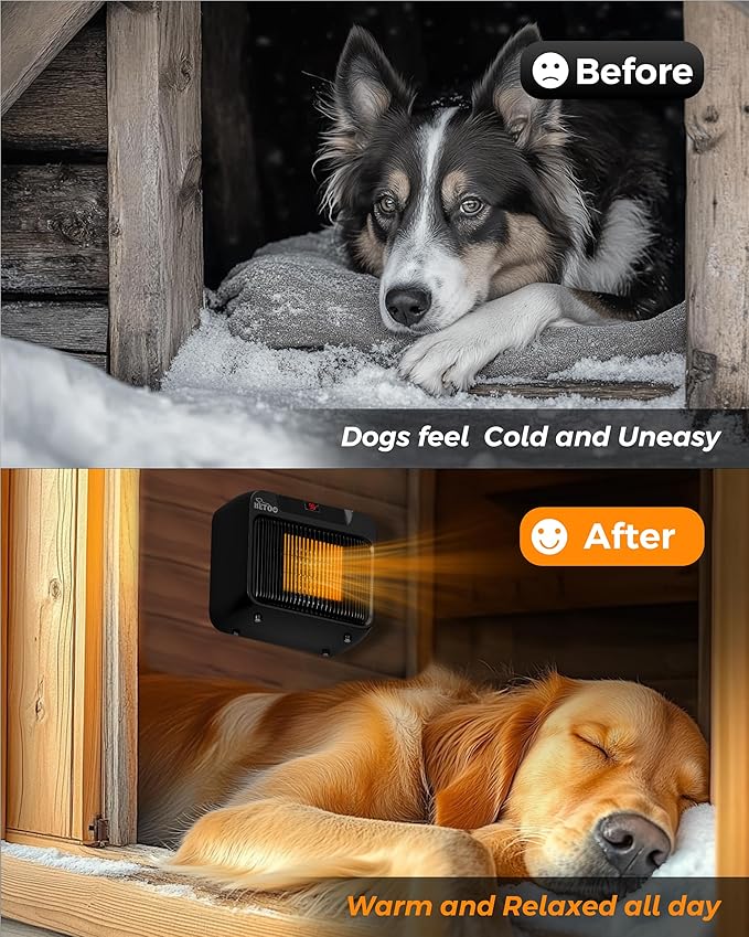 HETOO Dog House Heater with Thermostat, Wall-Mounted 600W/300W Dog Heater, 6.5Ft Anti Chew Cord, Overheat Protection, Safe Fast Heating for Dog Kennel, Cat Houses, Chicken Coops, Black