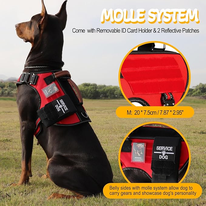 Tactical Dog Harness - HEYCAHVA Service Dog Vest Full Metal Buckles Dog Vest for Medium Large Dog Reflective No Pull Dog Harnesses Vest with Leather Handle, Hook & Loop for Hiking Training (Red, M)