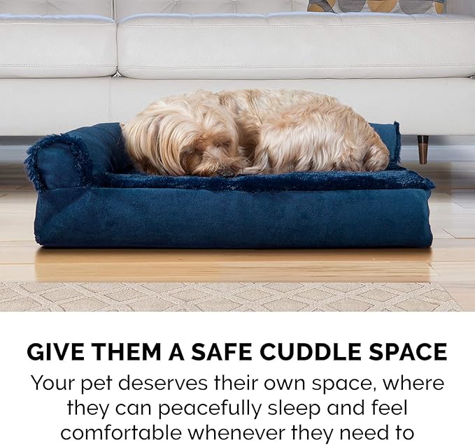 Furhaven Orthopedic Dog Bed for Large Dogs w/ Removable Bolsters & Washable Cover, For Dogs Up to 125 lbs - Plush & Velvet L Shaped Chaise - Deep Sapphire, Jumbo Plus/XXL