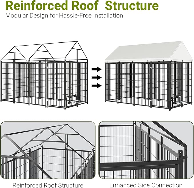 Rovibek Outdoor Dog Kennel 7.9x4.1x5.9 Ft, Dog Kennels Outdoor with 2 Rotating Feeder Bowls, Heavy Duty Dog Kennels Outside, Outside Dog Kennel with Roof, Outside Kennel for Large Dogs