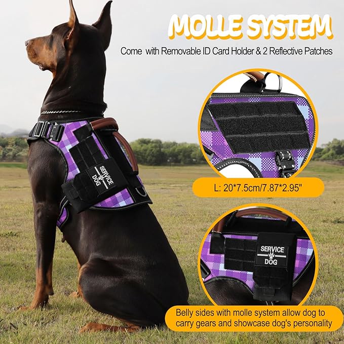 Service Dog Vest - HEYCAHVA Tactical Dog Harness Full Metal Buckles Dog Vest for Large Medium Dog Reflective No Pull Dog Harnesses Vest with Leather Handle, Hook & Loop for Hiking Training(Purple, L)