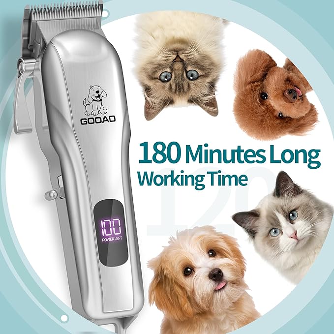 Dog Clippers for Grooming for Heavy Thick Hair&Coats, Dog Hair Trimmer,Low Noise Rechargeable Cordless Dog Grooming Kit Pet Shaver for Small Large Dogs Pets (Sliver)