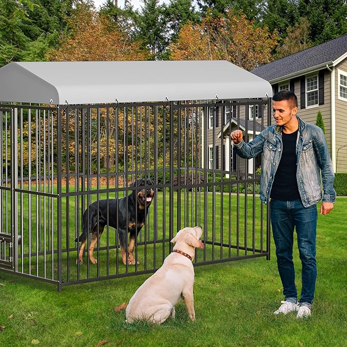 Outdoor Dog Kennel for Large Dogs, 8x4x6 FT Large Dog Kennel Outside with Lock, Dog Enclosures with UV-Resistant Waterproof Roof Cover for Outside