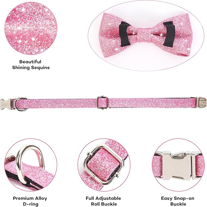 Bling Bow Tie Dog Collar and Leash Set, Cute Pink Girl Dog Collar with 5ft Leash for Small Medium Dogs Daily Walking or Holiday Party (Neck fit 13-19’’)